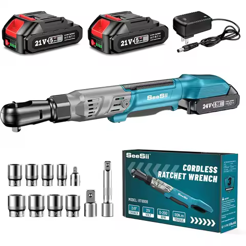 SEESII 3/8" 90Nm Cordless Electric Wrench Cordless Ratchet Wrench with 21V 2pcs li-battery Car Repai