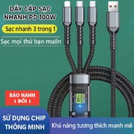 100W 3-Head Fast Charging Cable. WITH SCREEN. 3-in-1 Anti-break, Anti-Tangle Charging Cord. 3 in 1 c