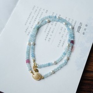 3mm天然海藍寶切面珠 珍珠碧璽古法銀設計多圈手串項鍊s