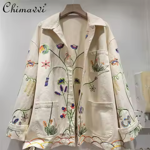 Fashion Off-white Embroidered Denim Jacket for Women 2026 Spring New Korean Style Loose Fit Long Sle