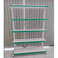 Single supermarket shelf with 5-tier mesh back, 1.8m high, 1.2m long
