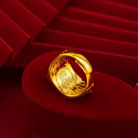 Men's 24K Gold Adjustable Auspicious Ring, AU999 | Engraved "Lucky" with hidden cloud motifs.