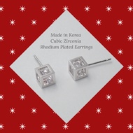 Cube Stud Earrings, Cubic Zirconia Cube Earrings, 3D Cube Earrings, Made in Korea Rhodium Plated Ear