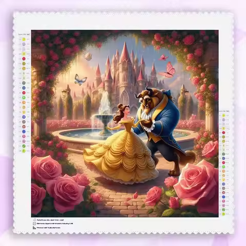 5D DIY Round Diamond Painting Kit One-of-a-kind Flocked Fabric Cartoon Style Beauty and Beast Floral