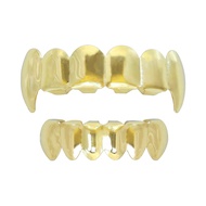 24K Plated Gold Grillz Vampire Fangs Caps Top And Bottom Grill Set Mouth Teeth For Son Gift + Extra 