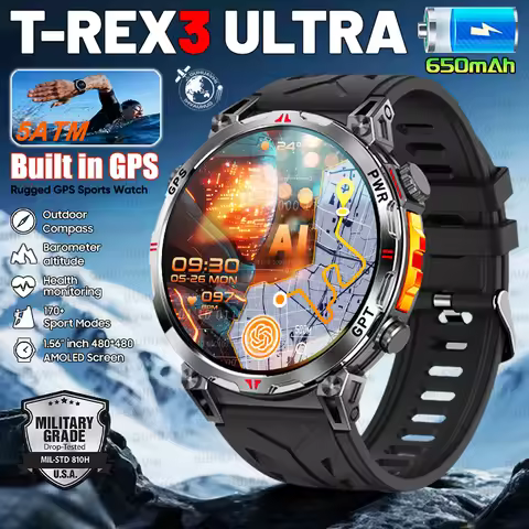 2025 New Military T-Rex 3 GPS Smart Watch Dual-Band GPS Compass Altimeter Barometer 5ATM Waterproof 