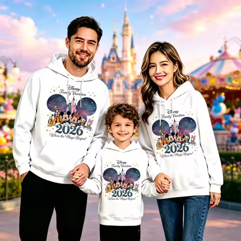 Family Vacation 2026 Hoodie Castle Fireworks Print Women Men Kids Sweatshirt Land Trip Pullover Top