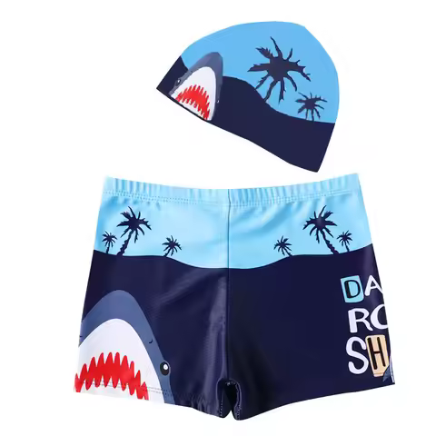 2-piece Children's Swim Trunks and Cap Set Cartoon Children's Beach Suit Swimming Pool Men's Swim Tr