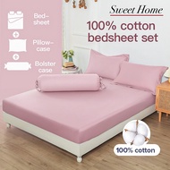 100% Cotton Fitted Bedsheet Set Pure Color Bedsheet Set Free Pillowcase and Bolster case Single/Super single/Queen/King