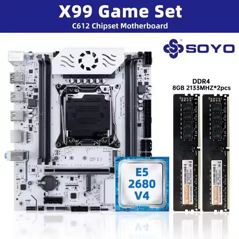 SOYO White X99 Motherboard Kit with E5-2680 V4 CPU and DDR 2133MHZ 8GB*2=16GB RAM LGA2011-3 C612 Chi