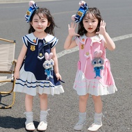 Girls Pink Zootopia Judy Hopps Sailor Dress with Plush Judy Applique & Bow, Kids Cosplay Costume