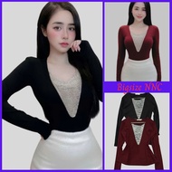 Women's V-Neck Shirt Long Sleeve Elastic Stone Coat AT 9087 From Bodycon Two Beautiful Colors Bigsiz