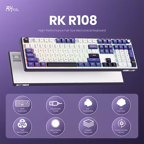 RK Royal Kludge R108 Wired Mechanical Keyboard 100% 108 Keys MDA PBT Keycap Gasket RGB Hot-swappable