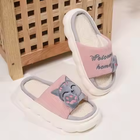 Linen Casual Women's Slippers Home Platform Cartoon Cat Designer Shoes Girls Flat Fashion Spring Sum