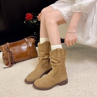 IELGY Womens Martin Boots Short Boots Brown Denim Stacks Block Heels High Heels