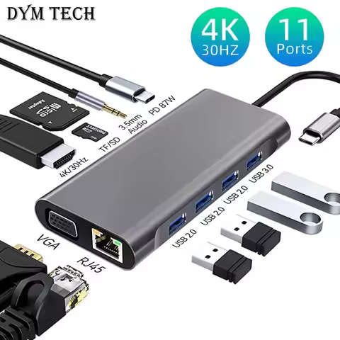 11 Ports USB C HUB Docking Station RJ45 Adapter to HDMI-Compatible 4K VGA SD/TF Card 3.5MM AUX 11-in