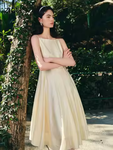 ZIQIAO Elegant Off-the-shoulder Patchwork Dress for Women Knee-length Sleeeveless Solid Dating New A