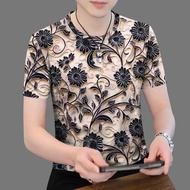 捡漏~冰丝印花时尚男装2025夏季减龄遮肚短袖T恤男士上衣25.6.3Picking up leaks~Ice silk printed fashionable men's clothing 2025