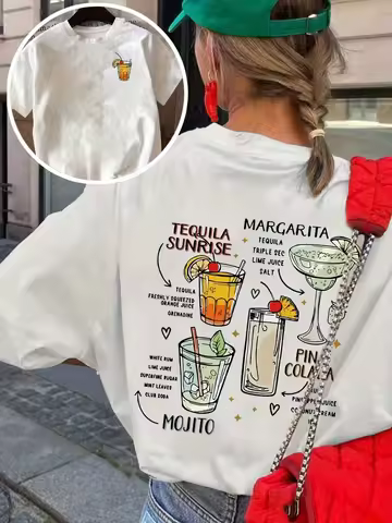 Tequila Sunrise Cocktail Graphic T-Shirt,Lady's Tops, Casual Crew Neck Short Sleeve Front & Back Pri