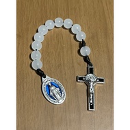 White Glass 10 Decade Rosary with Blue Miraculous Medal and Benedictine Cross