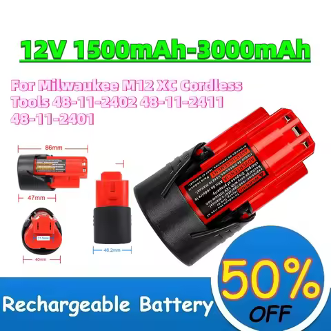 In Stock 12V 1.5Ah-3.0Ah Rechargeable Li-ion Battery for Milwaukee M12 XC Cordless Tools 48-11-2402 