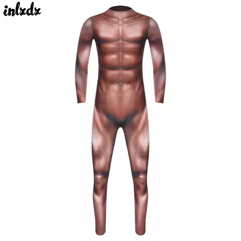 Mens 3D Printed Zentai Full-body Jumpsuit Cosplay Costume Zebra Muscle Pattern Long Sleeve Back Zip 