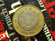 【麟雅堂】墨西哥2001年千禧年10-Pesos雙色紀念幣，阿茲特克太陽石《KM 636》