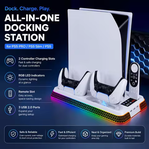 PS5 PS5 Slim Cooling Stand with RGB LED Light Storage Organizer Controller Accessories Multifunction