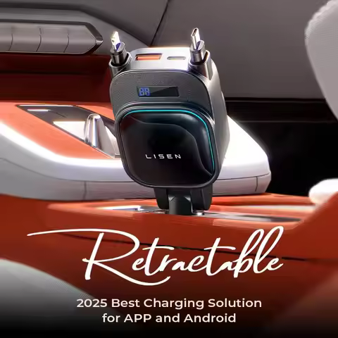 LISEN 2025 Updated 4 in 1 180° Retractable Car Charger Dual USB C Cable Ports 96W Fast Charging Phon