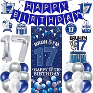 17th Birthday Decorations Boys Girls - 36 Pcs Blue Silver Banner Happy Birthday Backdrop Hanging Swi