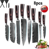 XYj 8 Pcs Professional Chef Knife Forged Kitchen Knife Stainless Steel Knife Damascus Pattern Chef K