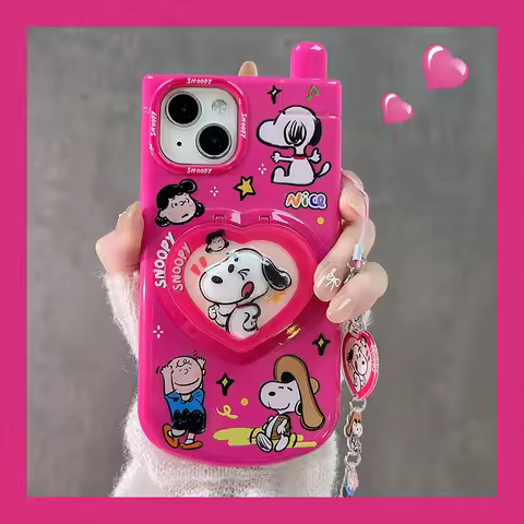 Cartoon 3D PINK Heart Love cute Snoopy Mirror bracket case for iphone 13 14 15 Pro Max 12 16 Charlie