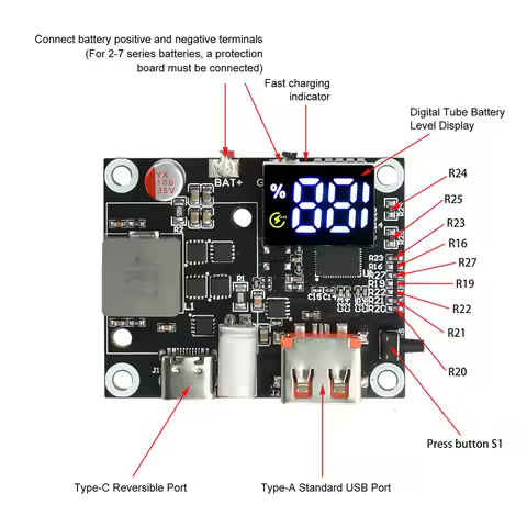 3S/4S/5S/6S 65W Type-C USB Mobile Power Bank 18650 Charging Module Circuit Protection Bidirectional 