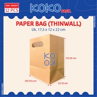 (12 pcs) Kraft Thinwall Paper Bag, size 17.5x12x22 cm Plain Brown Paper Bag/