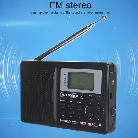AM/FM Radio CS‑106 Full Band Radio Mini FM/AM/SW/MW Receiver with Digital Clock Earphone Full Band R