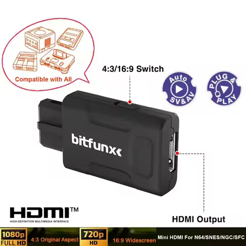 BitFunx 720P 1080P Mini HDMI™ Adapter For N64/SNES/SFC/NGC 4:3/16:9 Auto Switching S-Video Composite