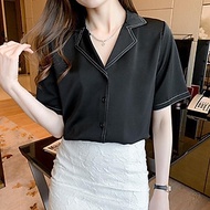 Áo sơ mi nữ kiểu tay ngắn cổ vest form rộng phối viền chỉ kiểu mới Hàn Quốc thời trang PONIVA Cao Cấ