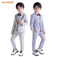 lontakidsชุดสูทเด็กผู้ชายสูท5ชิ้นเสื้อ + กางเกง + เสื้อกั๊ก + เสื้อเชิ้ต + โบว์หูกระต่ายชุดทางการเคลือบสีเทาสีน้ำเงินสำหรับเด็กวัยหัดเดินเสื้อคลุมงานแต่งงานชุดทักซิโดบุรุษสำหรับงานเลี้ยงวันเกิดเปียโนโฮสต์เวทีเสื้อผ้าสำหรับพูดชุดเครื่องแต่งกายสำหรับ2-14ปี