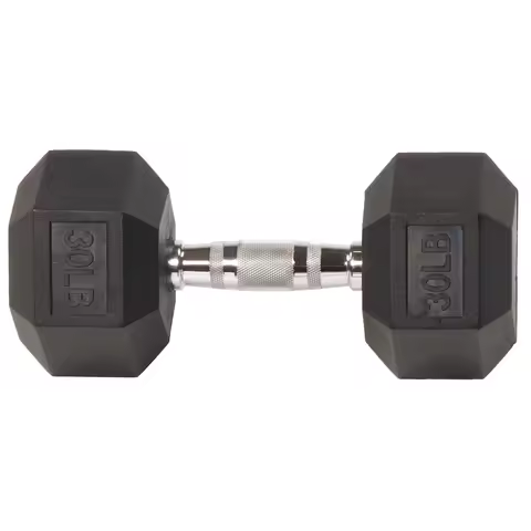 Rubber Encased Hex Dumbbell, Anti-Roll, Black, 30 lb, Assembled Product Weight, Single