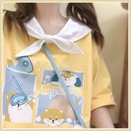 Japanese sweet and fresh cartoon printed short sleeve t-shir日系甜美清新卡通印花短袖T恤女宽松大翻领可爱学生潮韩5.286.12柚子//4.