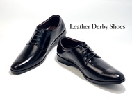 Black Derby Shoes รองเท้าคัชชูหนังแท้ ผูกเชือก ทรงปลายแหลม พื้นเย็บจริง เปลี่ยนไซส์ได้