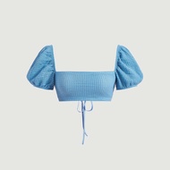 ท็อปเสื้อครอปสีน้ำเงินคอสแควร์แขนพองระบายลูกไม้เปิดหลังสำหรับไปเที่ยว WYWH