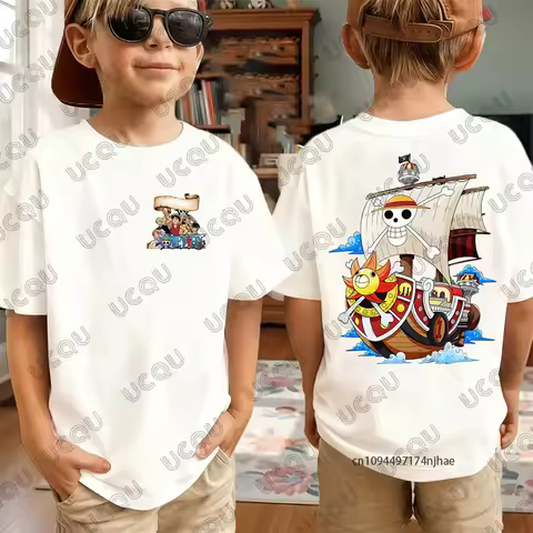 2026 Hot One Piece Anime Luffy Thousand Sunny Graphic Cotton T-Shirt For Children Summer Sports Tees