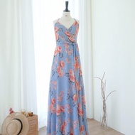 藍色碎花雪紡長禮服，適合參加宴會、海邊度假、伴娘服