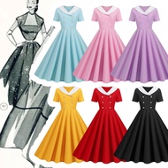 Vintaj Pakaian Pesta Hepburn Classy Retro 1950s 60sWomen S Contrasting Color Fashion V-Neck Double-B