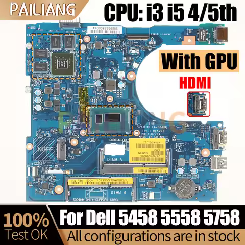 LA-B843P For Dell Inspiron 5458 5558 5758 Notebook Mainboard i3 i5 4/5th Gen CPU With GPU DDR3L Lapt