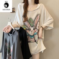 新款上衣 女 新款 大碼女裝 Ice silk rabbit print hooded top for women 大码起皱冰丝兔子印花连帽短袖T恤女2025春夏新款宽松显瘦上衣女 Hooded Sh