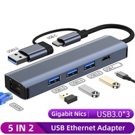 5-in-2 USB Ethernet Adapter HUB 1000Mbps USB 3.0 HUB 1000Mbps RJ45 Lan for PC Laptop TV Box USB-C HU