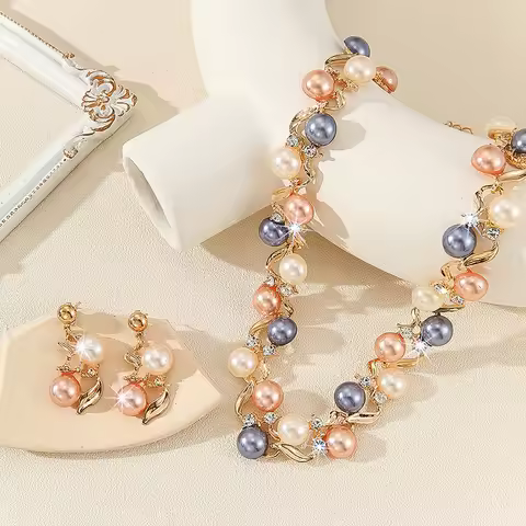 [A] Exquisite Elegant Pearl Necklace Leaf Rhinestone Colorful Pearl Necklace Women Jewelry Metal Nec