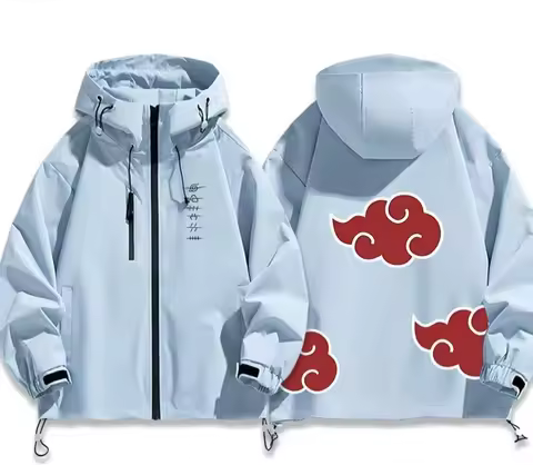 Anime Naruto Shippuden Akatsuki Print Hooded Windbreaker Jacket Unisex Casual Outerwear Coat For Men